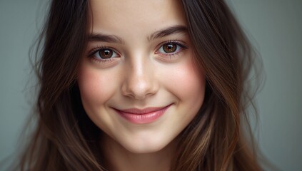 Naklejka premium Half-face portrait of a smiling teenage girl with long brown hair and captivating brown eyes against a soft neutral background