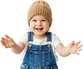 A joyful toddler wearing a knit cap and denim overalls with outstretched arms happy child baby cheerful smiling laughter cute innocence childhood playing