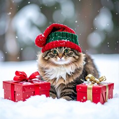Chat tigré aux poils longs coiffé d'un bonnet de laine entouré de paquets-cadeaux dans un paysage enneigé.  Generated image