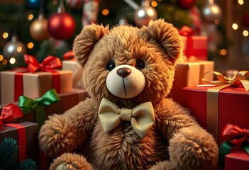 Petit ours en peluche assis au milieu de paquets-cadeaux dans une ambiance festive de Noël. Generated Image.
