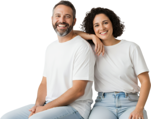 A smiling man with a beard and a woman with curly hair in white t shirts and blue jeans posing together indoors Couple People Happy White Tshirt Casual