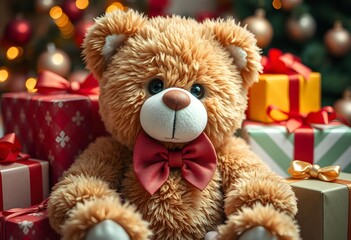 Petit ours en peluche assis au milieu de paquets-cadeaux dans une ambiance festive de Noël. Generated Image.