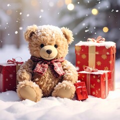 Petit ours en peluche assis au milieu de paquets-cadeaux dans un environnement naturel sous la neige. Generated image