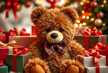 Petit ours en peluche assis au milieu de paquets-cadeaux dans une ambiance festive de Noël. Generated Image.