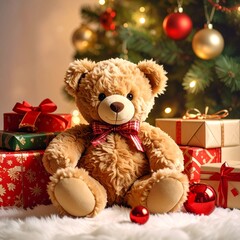 Petit ours en peluche assis au milieu de paquets-cadeaux dans une ambiance festive de Noël. Generated Image.