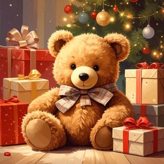 Petit ours en peluche assis au milieu de paquets-cadeaux dans une ambiance festive de Noël. Generated Image.