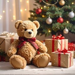 Petit ours en peluche assis au milieu de paquets-cadeaux dans une ambiance festive de Noël. Generated Image.
