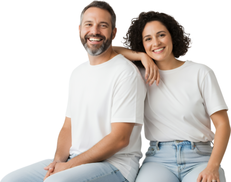 A smiling man with a beard and a woman with curly hair in white t shirts and blue jeans posing together indoors Couple People Happy White Tshirt Casual
