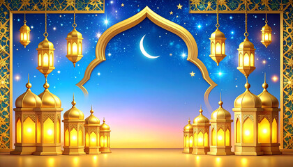Obraz premium Ramadan Night Sky with Golden Arch and Lanterns