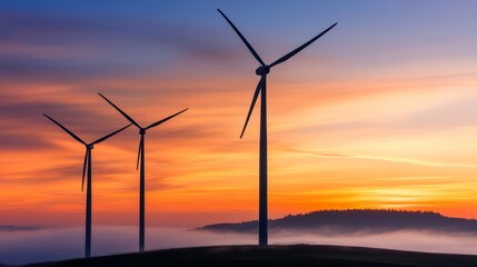 Obraz premium Wind turbines harnessing renewable energy at dusk scenic landscape nature photography calm environment expansive viewpoint