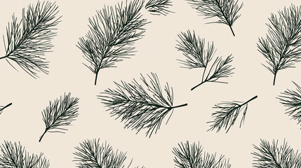 Seamless pattern of hand-drawn pine branches on light beige background in vintage monochrome style, representing winter nature, forest elements, and rustic holiday or seasonal design