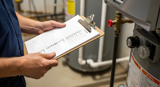 Routine checklist for maintenance in a commercial facility, plumbing inspection, safety compliance in industrial work environment