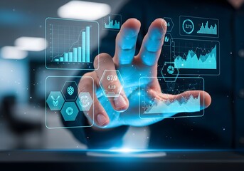 Futuristic data analysis dashboard with interactive digital graphs and interface for business strategy and technology innovation