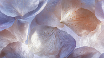 Delicate translucent flower petals in soft pastel colors captured in macro photography, representing natural beauty, fragility, elegance, and gentle textures in romantic floral background design