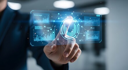 Futuristic business technology interface with digital data analysis for financial success and growth strategy