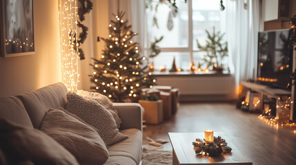 Cozy living room decorated with Christmas lights, tree, candles, and gifts by the window, representing festive winter atmosphere, home comfort, and holiday celebration indoors