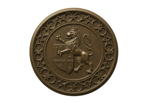 Isolated antique metal emblem with lion and shield on a coin like medallion object