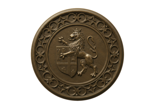 Isolated antique metal emblem with lion and shield on a coin like medallion object - Powered by Adobe