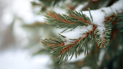 Close-up of snow-covered pine tree branch in natural winter setting, representing cold season, forest atmosphere, and peaceful beauty of snowy evergreen trees in nature