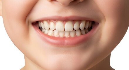 Fototapeta premium Close up of a child's bright white teeth and smiling lips with a transparent background Smile Kid Healthy Mouth Grin Joy Happiness Clean Fresh Dental Oral