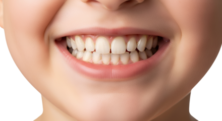 Close up of a child's bright white teeth and smiling lips with a transparent background Smile Kid Healthy Mouth Grin Joy Happiness Clean Fresh Dental Oral
