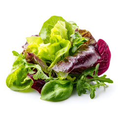 Fresh green salad with lettuce, spinach, arugula leaves, vibrant colors, healthy food concept, isolated on white background.