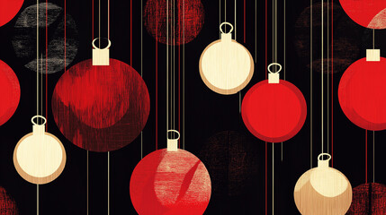 Seamless pattern of red and gold Christmas ornaments hanging on strings over dark background, representing festive holiday decor, celebration mood, and elegant seasonal design in artistic style