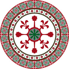 Vector colored round gothic ornament. Medieval European circle, ring, border. Classic pattern of the Germans, Angles, Saxons, Franks.