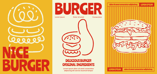 Burger poster set in minimalist retro style combining red and yellow lines for a delicious fast food art collection.