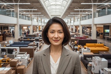 Young businesswoman standing confidently in a spacious furniture mall showcasing various furniture styles and arrangements with customers browsing in the background.