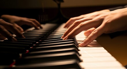 Obraz premium Close-up of hands playing piano keys in warm lighting for music practice or educational inspiration