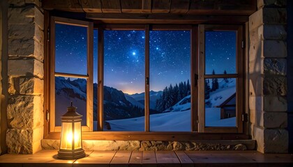 An open window frames a snowy mountain vista under a vast, starlit sky. A lit lantern sits inside, beside the window