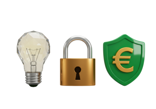 Isolated elements for security, a lightbulb, a padlock, and shield with a Euro symbol - Powered by Adobe