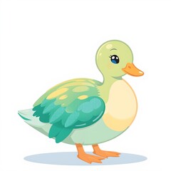 Obraz premium A charming, adorable cartoon duck depicted in a radiant, luminous style, positioned in a graceful side profile on the right side of a pristine white background, The duck's plump