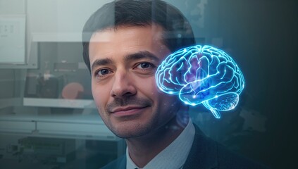 Business professional with holographic brain illustration overlay representing brainstorming and innovative thinking in a high-tech workspace setting. Double exposure effect used.
