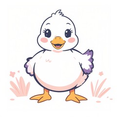 Obraz premium A charming, plump cartoon duck with exaggerated, expressive features large, glistening eyes, a tiny, cheerful beak, and soft, rounded contours, The duck is spirited and lively