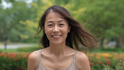Naklejka premium Mature Asian Woman Smiling with Windblown Hair in a Lush Summer Park Setting Surrounded by Colorful Flowers and Greenery on a Sunny Day