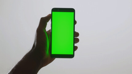 Person holding smartphone with blank green screen in bright light