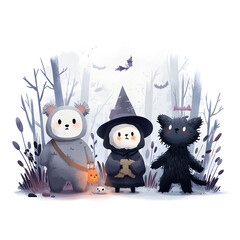 Cute Halloween Friends in Misty Forest Adventure