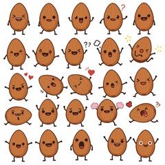 Collection of cute and funny almond nut mascots with various expressions.