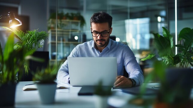 Focused professional working on laptop in modern office space business environment digital content creation contemporary viewpoint productivity concept