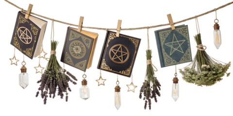 Mystical hanging books and dried herbs on rope with crystals and stars