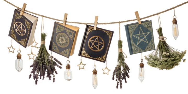 Mystical hanging books and dried herbs on rope with crystals and stars