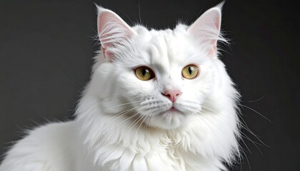 A close-up portrait of a fluffy, white cat with striking yellow eyes, set against a dark gray background