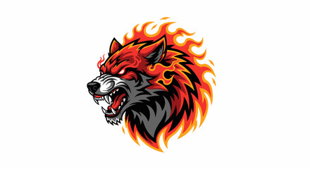 Fiery wolf mascot illustration for esports team or gaming logo, aggressive animal design with flames, perfect for branding and digital graphics