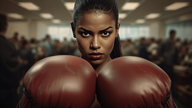 Female boxer with determined expression holding red boxing gloves in indoor training environment surrounded by blurred figures. Focus on athlete's intensity and gear. - Powered by Adobe