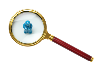 Isolated magnifying glass revealing blue sculpture figurine, mystery and investigation
