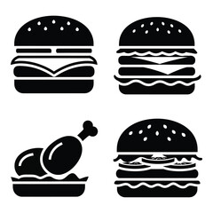Diverse burger and fried chicken icons set for fast food menus digital graphics and culinary branding featuring classic fast food items silhouette