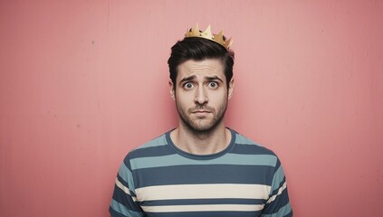 Fototapeta premium Man with a hesitant expression wearing a striped shirt and a golden crown, looking at an empty space with a pink backdrop creating a playful atmosphere.