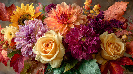 Vibrant Autumn Floral Arrangement: Chrysanthemum, Sunflower, and Rose with Fall Leaves
